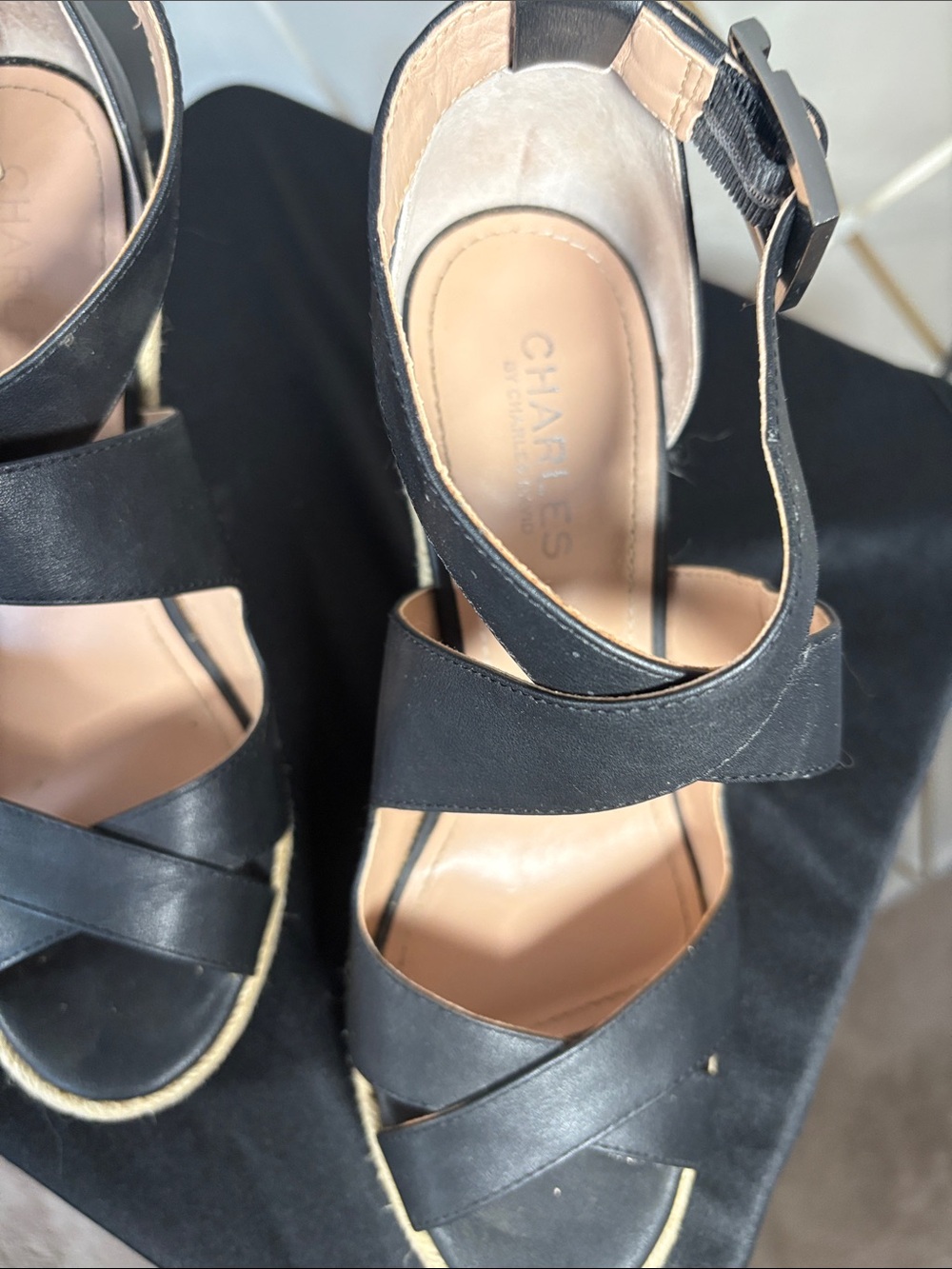Charles by Charles David Black Leather Espadrille Wedge Sandals